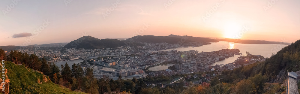 Panoramic of the city of Bergen at sunset