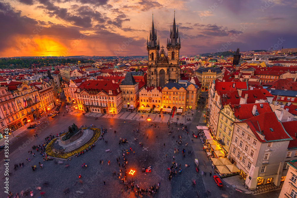 Obraz premium Sunset view of Prague Old Town Square and Church of Mother of God before Tyn in Prague. Czech Republic. Architecture and landmark of Prague.