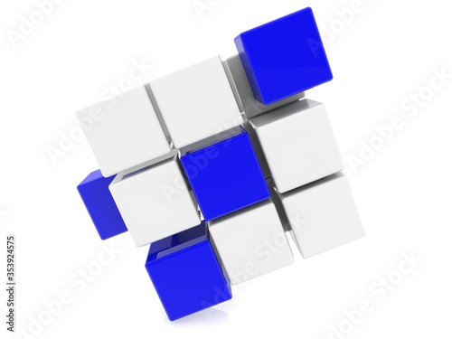 Blue and white toy blocks on a white background
