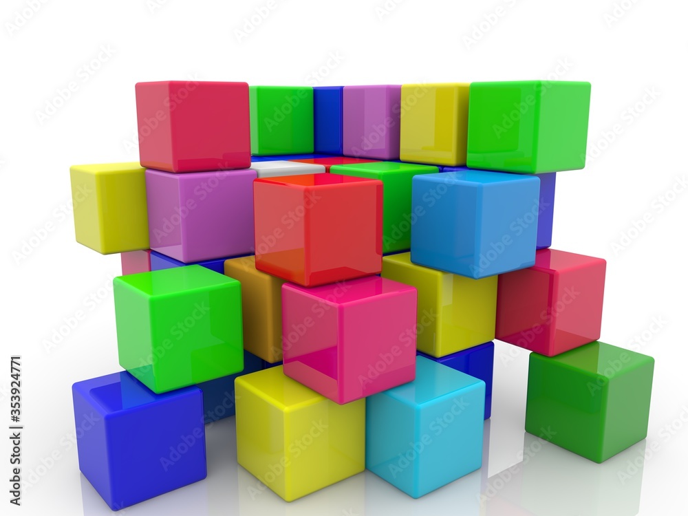 Toy blocks of different colors are stacked on top of each other on white Toy blocks of different colors are stacked on top of each other on white