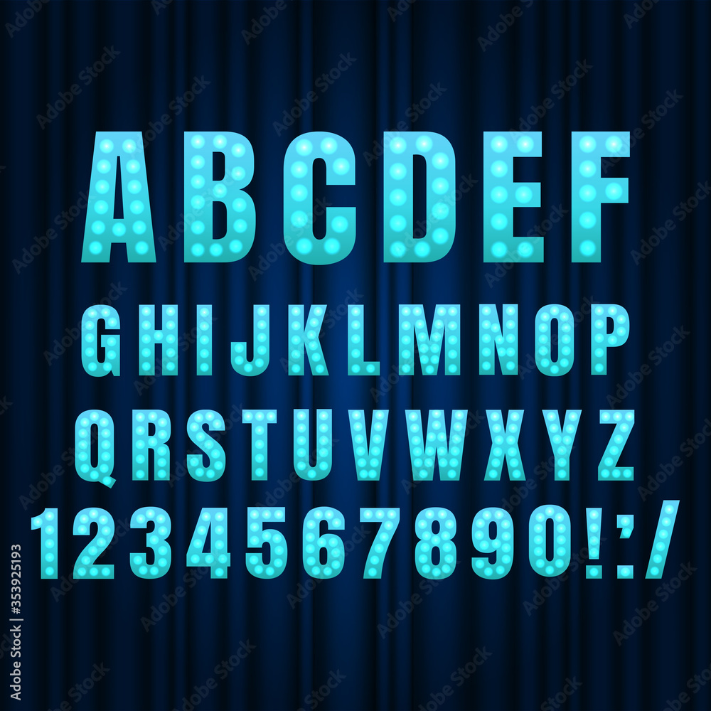 Blue Realistic retro gold lamp font letters. Broadway style light bulb alphabet in vintage casino and slots style. Vector shine symbols with light and sparkles on curtains background show style Blue Realistic retro gold lamp font letters. Broadway style light bulb alphabet in vintage casino and slots style. Vector shine symbols with light and sparkles on curtains background show style