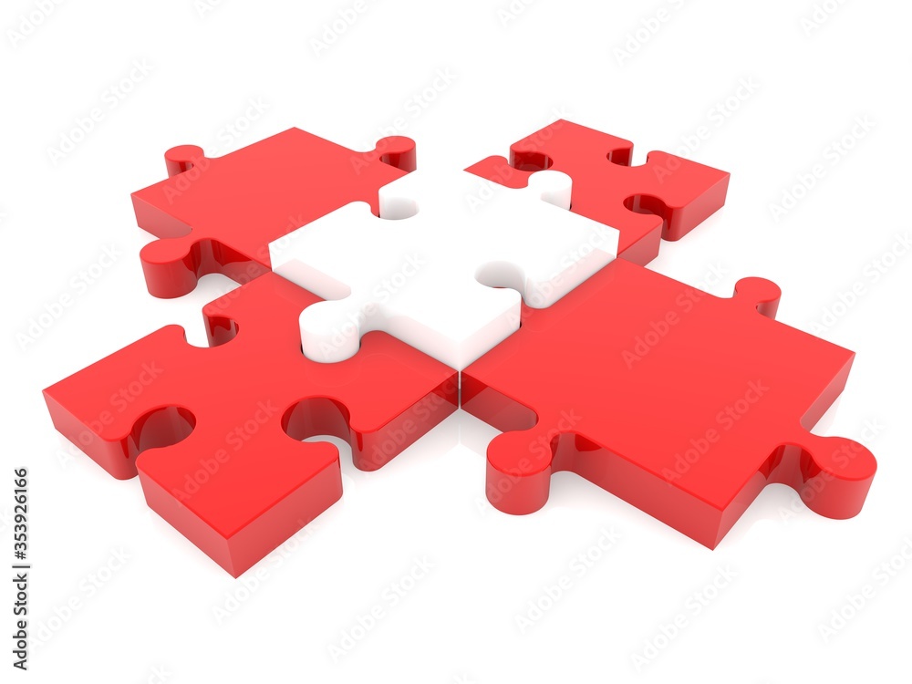 A piece of white puzzle as the center of the connection between red pieces of puzzle A piece of white puzzle as the center of the connection between red pieces of puzzle