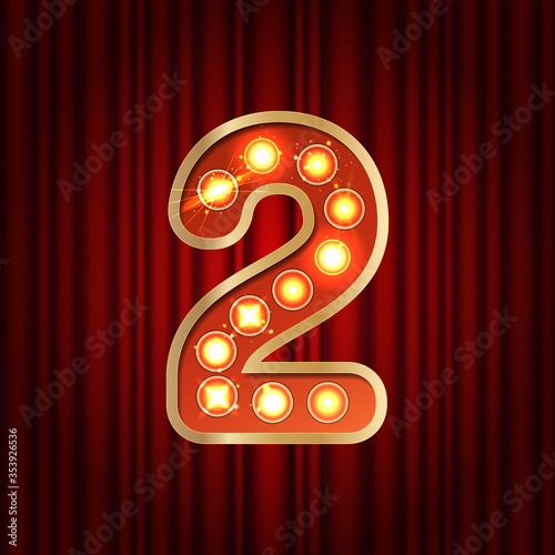 Realistic retro gold lamp bulb font number 2. Part of alphabet in vintage casino and slots style. Vector shine symbol of alphabet with golden light and sparkles on red curtains background show style