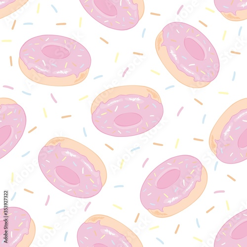 Donuts with pink icing. Seamless white pattern. Background for cafes  restaurants  coffee shops  catering. Design texture for menu  booklet  banner  website. Vector illustration.