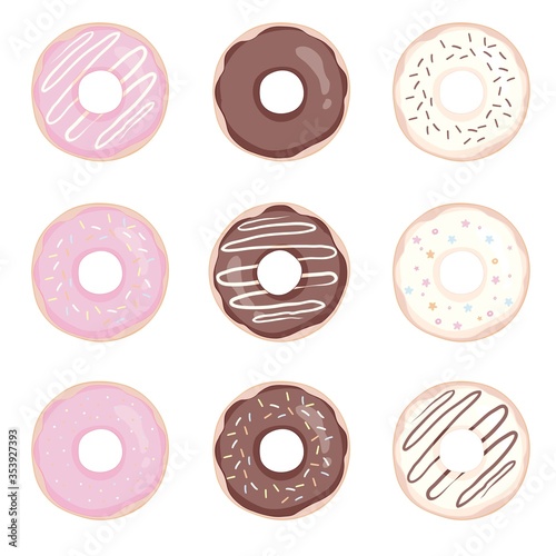 Donut vector set on a white background. Donuts set with mint, creamy, pink and blue glaze. Donats colorful icon set. Donuts into the glaze collection.