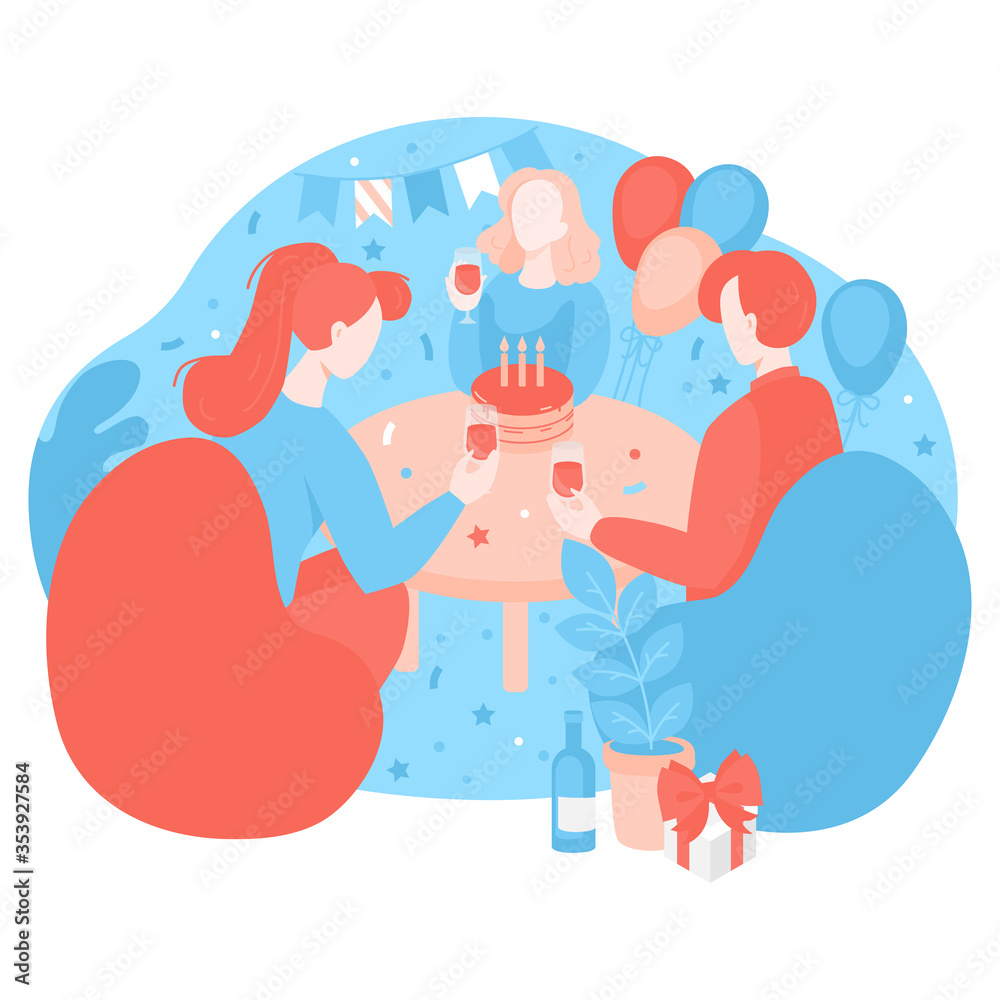 Birthday celebration Concept. Cartoon People with glasses of wine and cake with candles during party. Holiday decoration Confetti, flags and balloons. Birthday celebration Concept. Cartoon People with glasses of wine and cake with candles during party. Holiday decoration Confetti, flags and balloons.