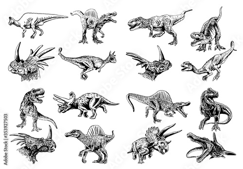 Graphical hand-drawn set of  dinosaurs  isolated on white,vector illustration for typography,design and tattoo