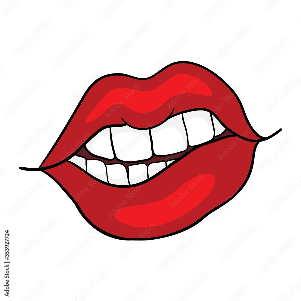 Female bright purple lips badge. Glossy lips icon on white background, vector illustration Female bright purple lips badge. Glossy lips icon on white background, vector illustration