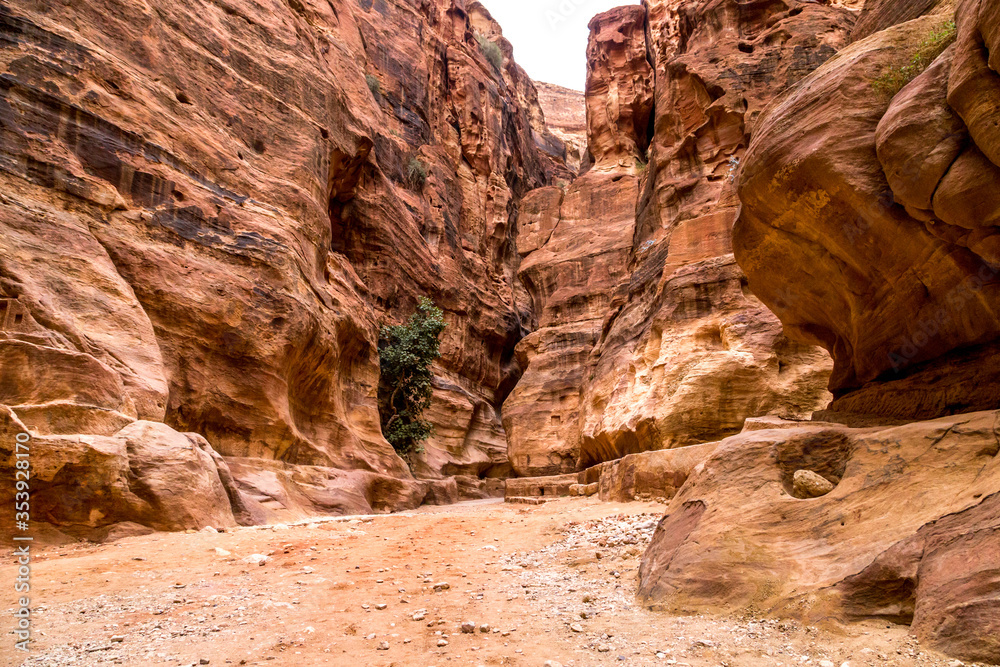 
A winding road on a hot summer day with red rocks to the facade of Petra in Jordan.