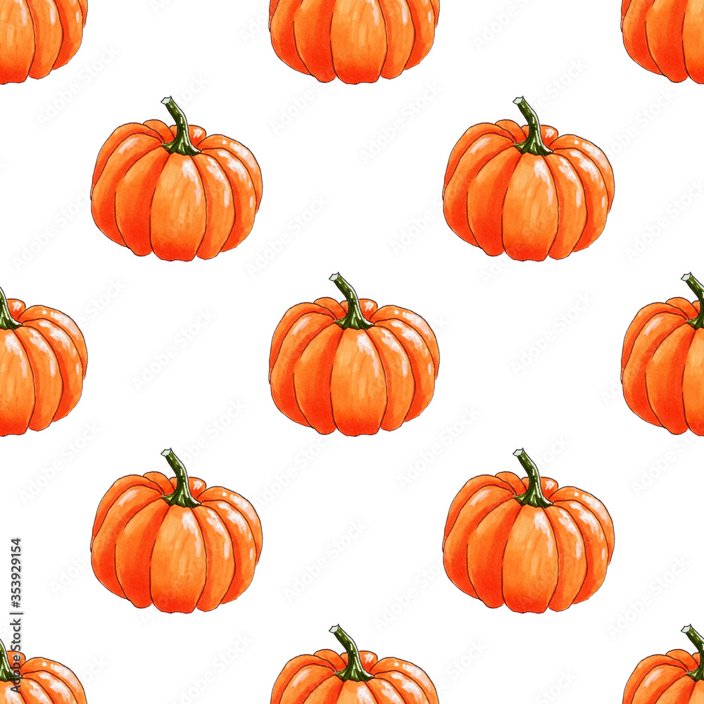 Seamless pattern with bright orange pumpkins on white background