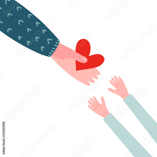 Adult hand give red heart symbol to young chidish hands. Abstract take care flat background vector design. Parent love his child. Close up of hand holding red heart and children hands
