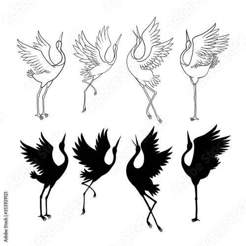 Silhouette or shadow black ink icons of crane birds or herons flying and standing set. Group of storks outline template or creative background vector illustration isolated on white.