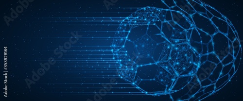 A soccer ball flying into the goal net against the background of the starry sky. Low-poly vector illustration. Blue background.