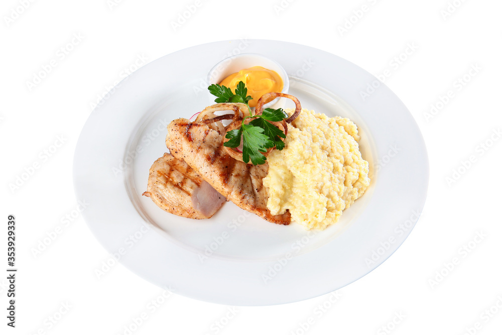 Grilled chicken breast with wheat porridge. Healthy food. An isolated object.Top view. Grilled chicken breast with wheat porridge. Healthy food. An isolated object.Top view.