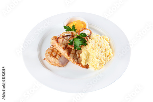 Grilled chicken breast with wheat porridge. Healthy food. An isolated object.Top view.