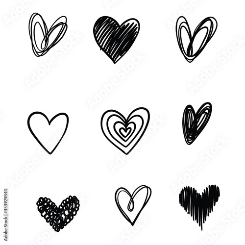 Set of nine hand drawn heart. Handdrawn rough marker hearts isolated on white background. Vector illustration for your graphic design photo