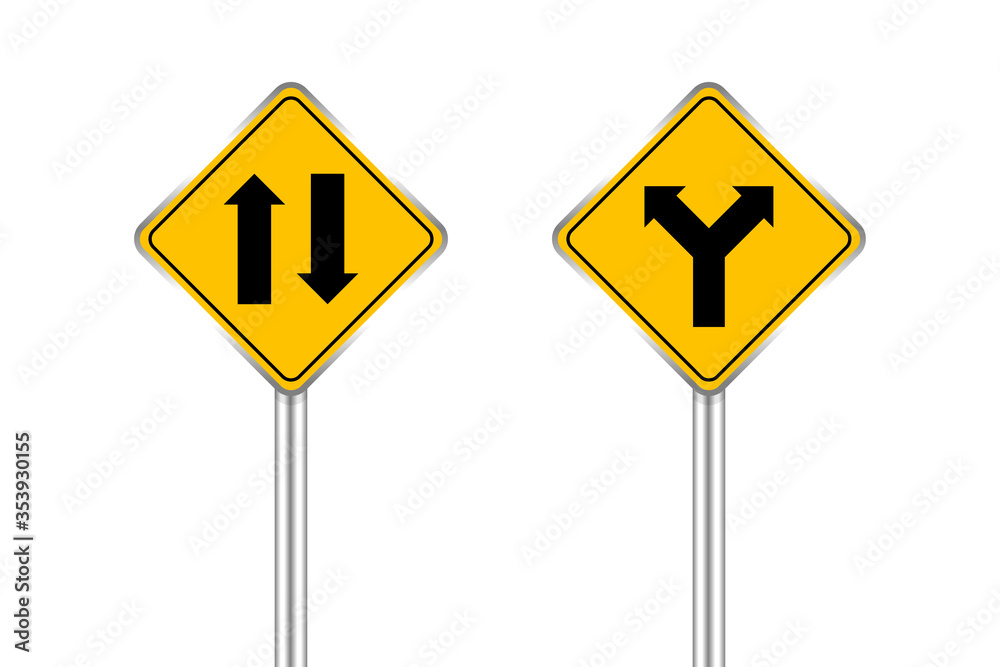 road sign of arrow pointing two way traffic ahead and crossroad, traffic road sign yellow color isolated on white, warning caution sign and steel pole for direction signpost the way road sign of arrow pointing two way traffic ahead and crossroad, traffic road sign yellow color isolated on white, warning caution sign and steel pole for direction signpost the way