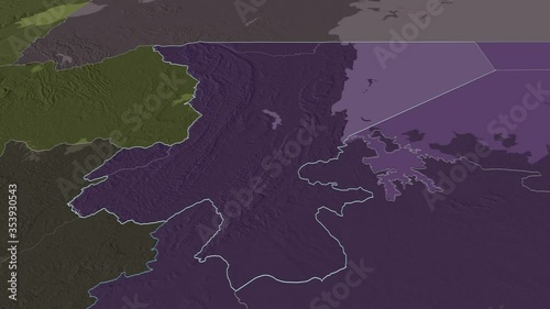 Kagera, region with its capital, zoomed and extruded on the administrative map of Tanzania in the conformal Stereographic projection. Animation 3D photo