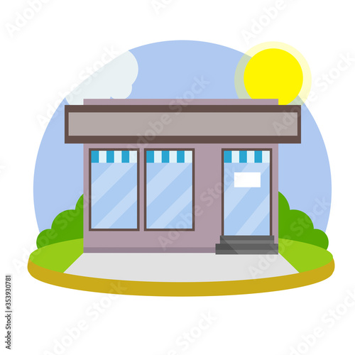 Small shop and Store. Cartoon flat illustration. Town and city. Element of urban landscape. Food trade and coffee shop. Facade of the house with showcase