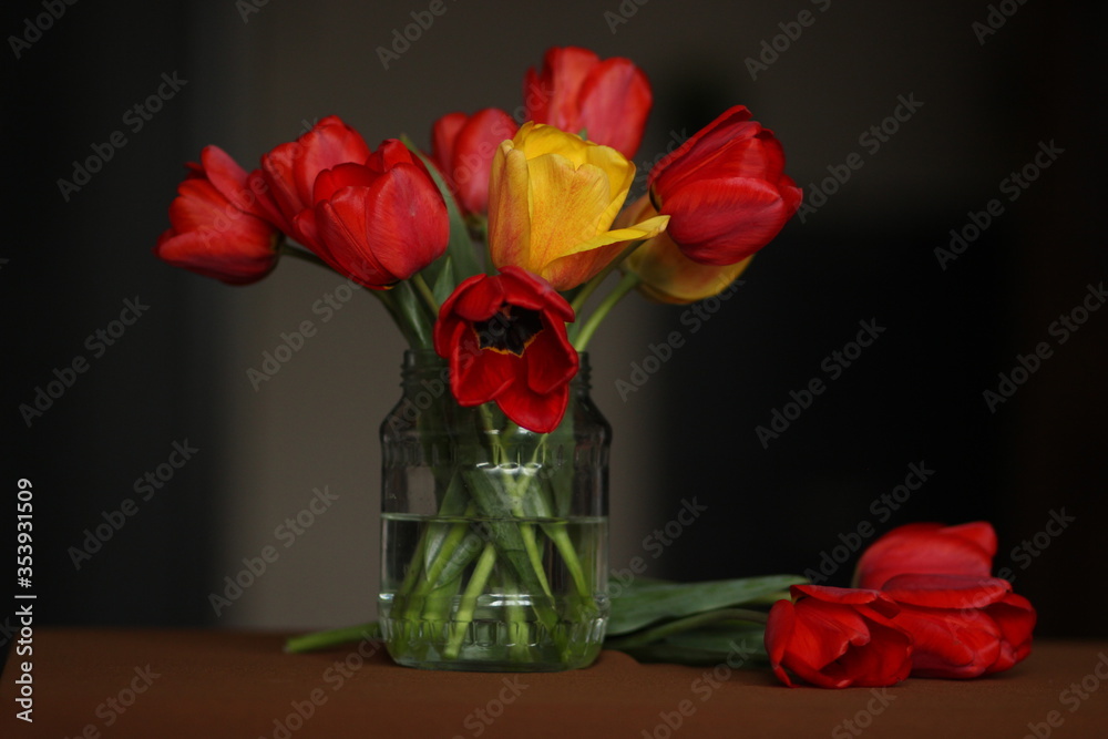 Obraz premium A bouquet of live tulip flowers of red and yellow in a glass jar