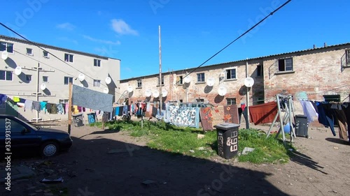 Clothes hanging in the shared hostels of the township of Langa in Cape Town, South Africa 