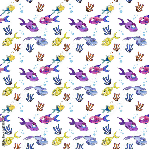 Hand painted watercolor cartoon fish pattern
