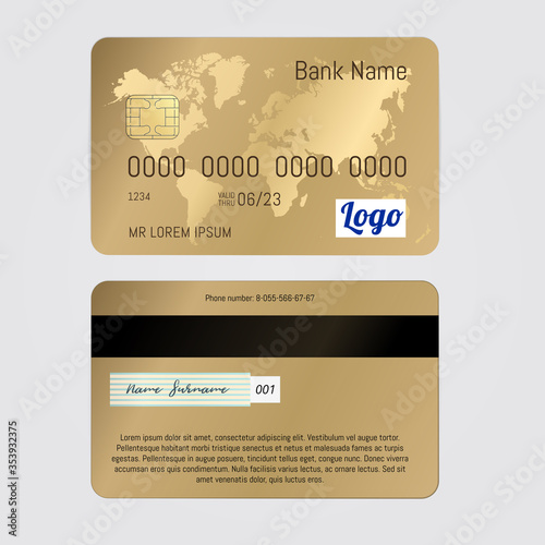 Realistic Vector Golden Banking card two sides isolated on white background. Credit card with world map.
