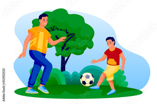 Father and son play soccer outdoors. Dad and boy playing football. Vector flat cartoon people characters illustration