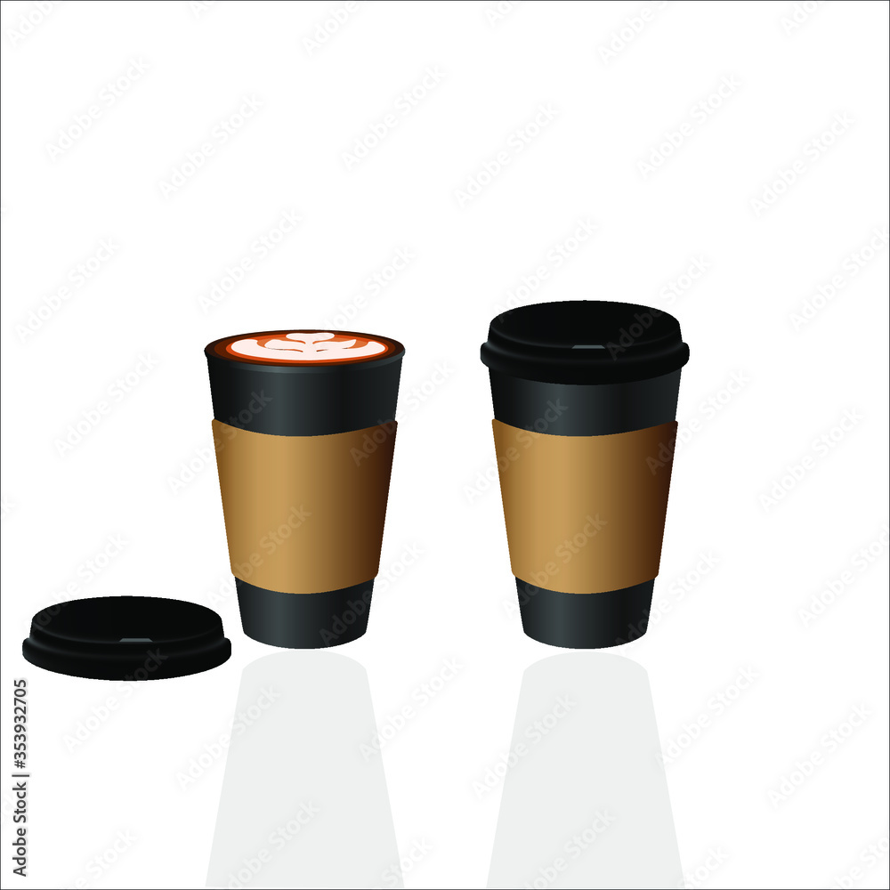 Take Away Coffee Cup, 2 Hot latte coffee in black paper cups with brown ...