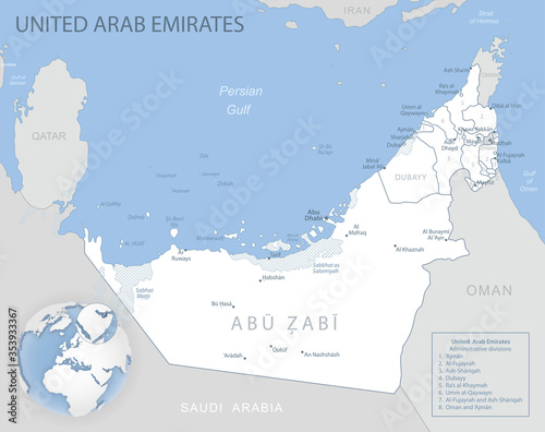 Blue-gray detailed map of United Arab Emirates administrative divisions and location on the globe.