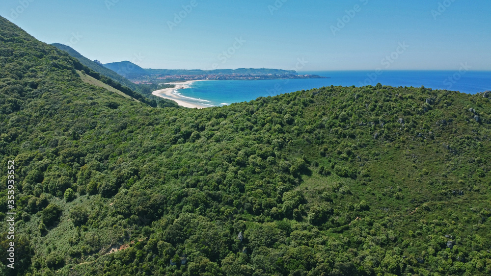 Imagen aérea de una montaña boscosa, al fondo se ve una playa de arena blanca y el mar