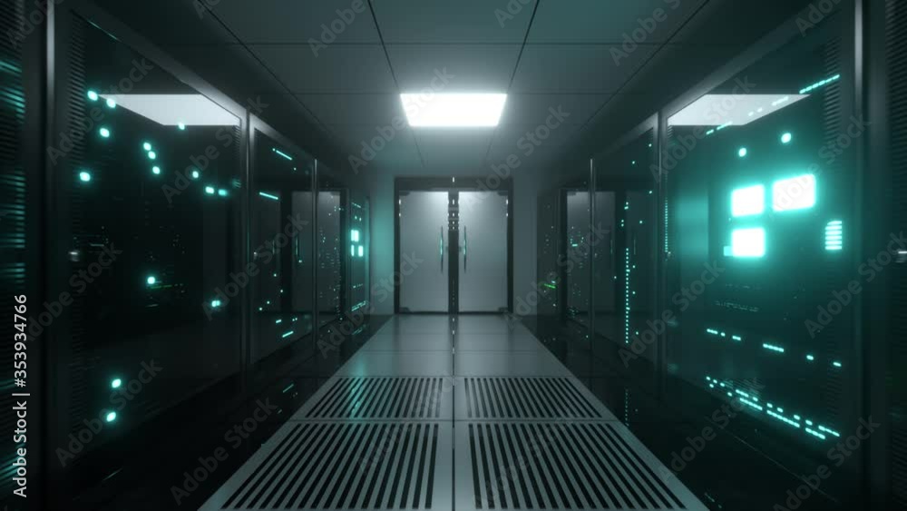 Endless flight on server blocks. Data center and internet with opening doors. Server rooms with working flickering panels behind the glass. Technological corridor. Seamless loop 3d render Endless flight on server blocks. Data center and internet with opening doors. Server rooms with working flickering panels behind the glass. Technological corridor. Seamless loop 3d render