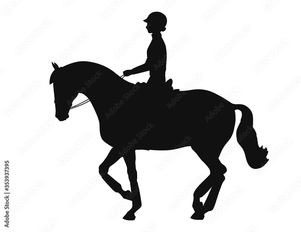 Black silhouette of a rider and her horse in piaffe Black silhouette of a rider and her horse in piaffe