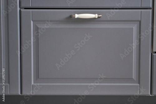 Doors with handles. Blue, white, grey. Garbage container. Black heart stickers. Wardrobe in the apartment. Decorative element. Style. High quality photo