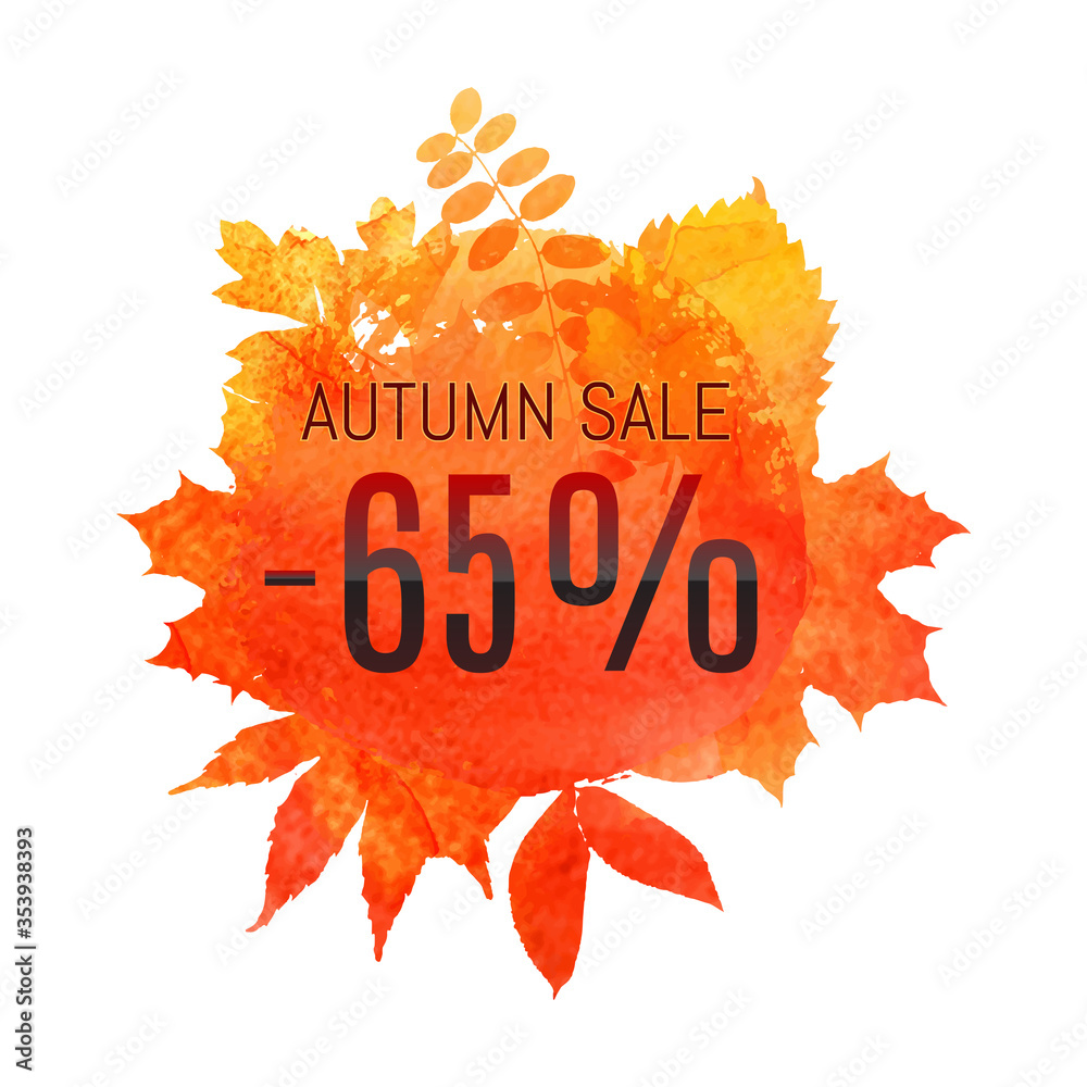 Autumn leaf foliage watercolor. Autumn sale - 65 % off . Fall sale. Web banner or poster for e-commerce, on-line cosmetics shop, fashion & beauty shop, store. Vector illustration. EPS 10 Autumn leaf foliage watercolor. Autumn sale - 65 % off . Fall sale. Web banner or poster for e-commerce, on-line cosmetics shop, fashion & beauty shop, store. Vector illustration. EPS 10