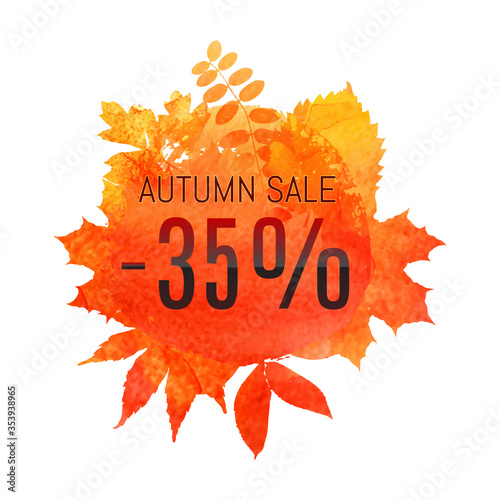 Autumn leaf foliage watercolor. Autumn sale - 35 % off . Fall sale. Web banner or poster for e-commerce, on-line cosmetics shop, fashion & beauty shop, store. Vector illustration. EPS 10