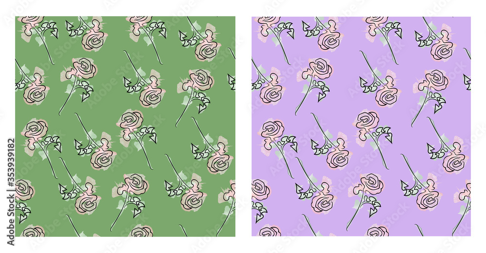 Fototapeta premium Seamless vector pattern of Wildflowers, roses with watercolor brush strokes. For paper, cover, fabric, gift wrapping, wall art, interior decoration. Simple image surface design
