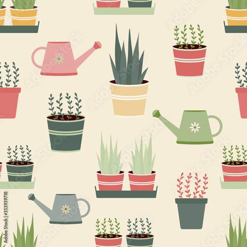 Cartoon potted plants and watering cans seamless repeat vector pattern for wrapping paper,wallpaper,textile,fabrics.