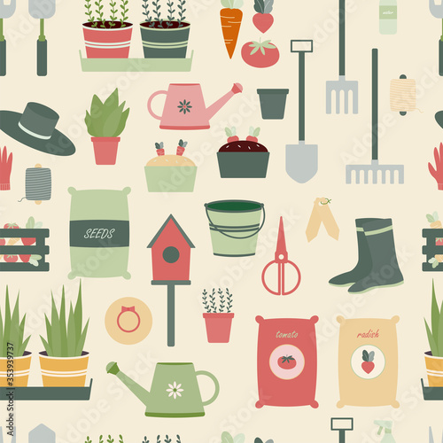 Gardening tools and plants seamless repeat vector pattern. Bundle of equipment for agricultural work, plant cultivation or transplantation, work in the garden.