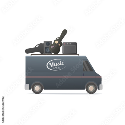 Music band van. Concert tour. Vector flat illustration. Isolated on white background. 