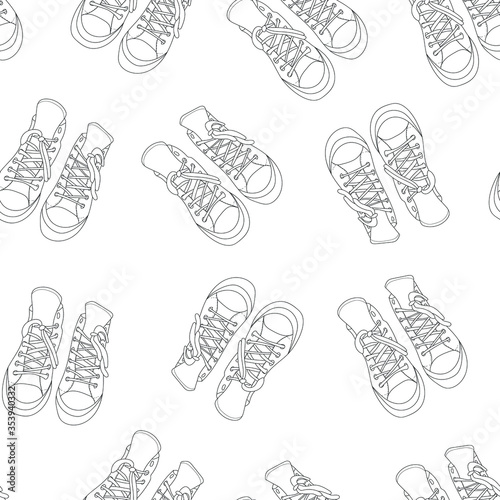 Vector seamless pattern, shoes fashion sneakers, comfortable casual shoes. Sport concept. For paper, cover, fabric, gift wrapping, wall art, interior decoration. Simple image surface design