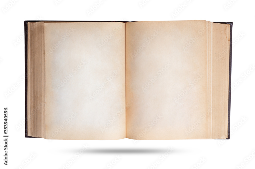 open old book with blank hardback pages isolated on white background