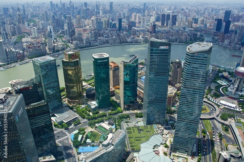 Photography aerial view of Shangai skyscrapers of the financial district, China