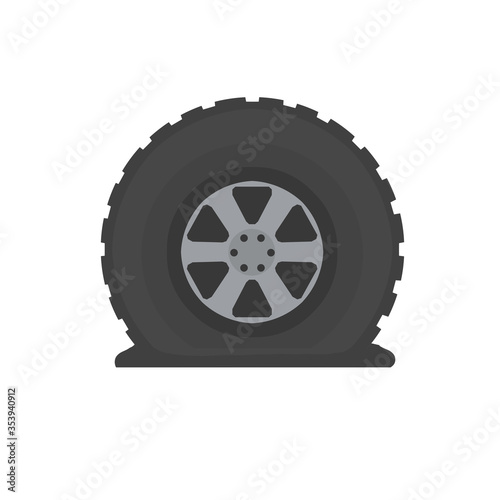 Deflated automobile tire. Accident and repair. Punctured wheel of a car. Element of Tire service station. Cartoon flat illustration