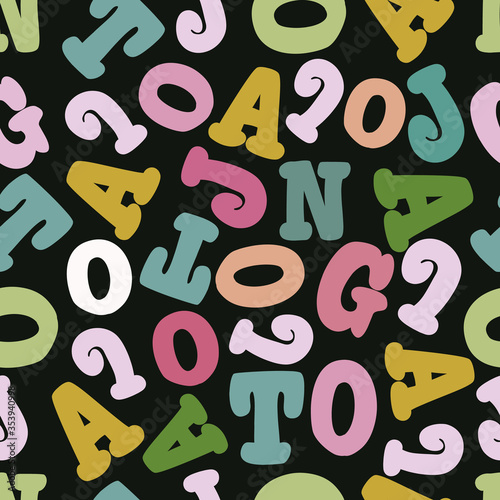 Vector black seamless pattern background with letters. 