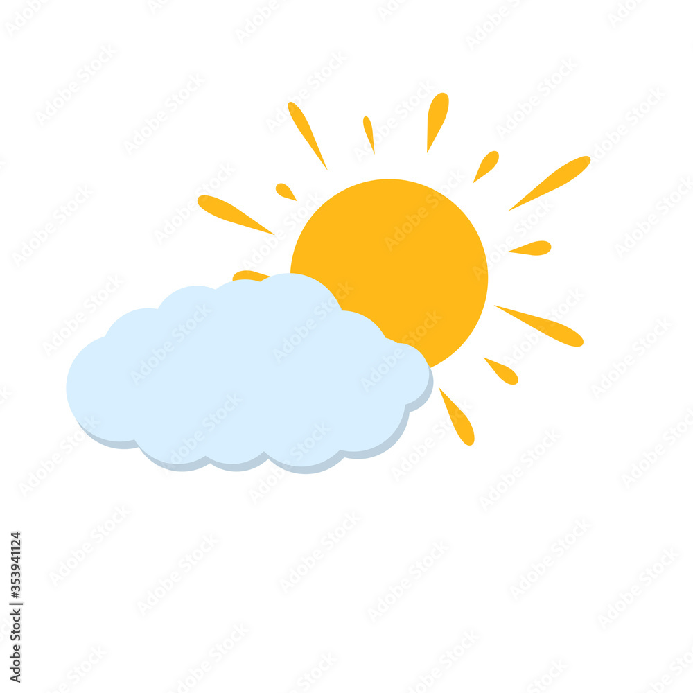 Sun and cloud. Cartoon flat illustration. Yellow and blue object. Warm summer weather. Sky element and meteorology. Simple child drawing Sun and cloud. Cartoon flat illustration. Yellow and blue object. Warm summer weather. Sky element and meteorology. Simple child drawing