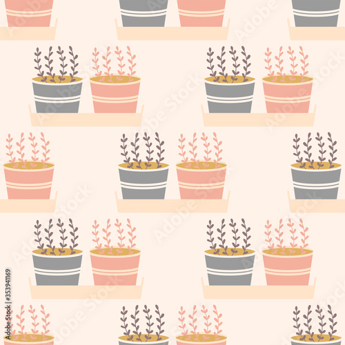 Potted plants in a tray seamless repeat vector pattern.