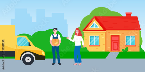 Smiling delivery man with cardboard box and happy woman received parcel in front of house, garden, car and cityscape. Concept of delivery of online shopping. Vector flat illustration