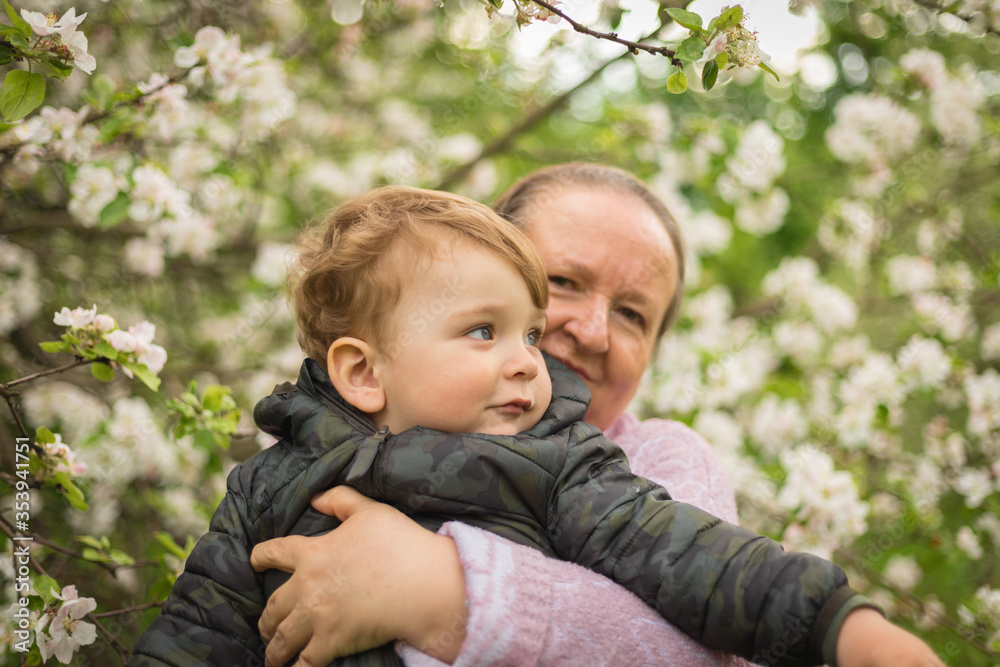 An elderly woman hugs her grandson. Portrait of a grandmother and child. Outdoors in the garden. Spring Park. Flowering tree. Emotions of a child and a woman. An elderly woman hugs her grandson. Portrait of a grandmother and child. Outdoors in the garden. Spring Park. Flowering tree. Emotions of a child and a woman.
