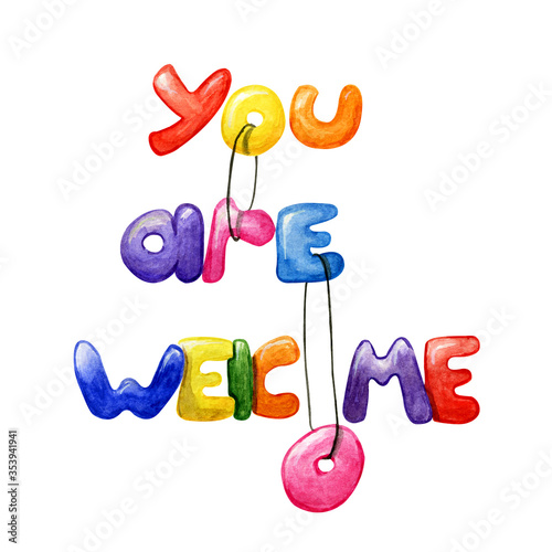 You are welcome. Colorful hand drawn watercolor illustration with lettering in cartoon style isolated on white background. Hand written phrase with funny letters. Rainbow scale, polite answer thank.